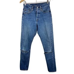 Levi's 501 S BIG E Size 25X30 Medium Wash Button Fly Distressed Blue Jeans*